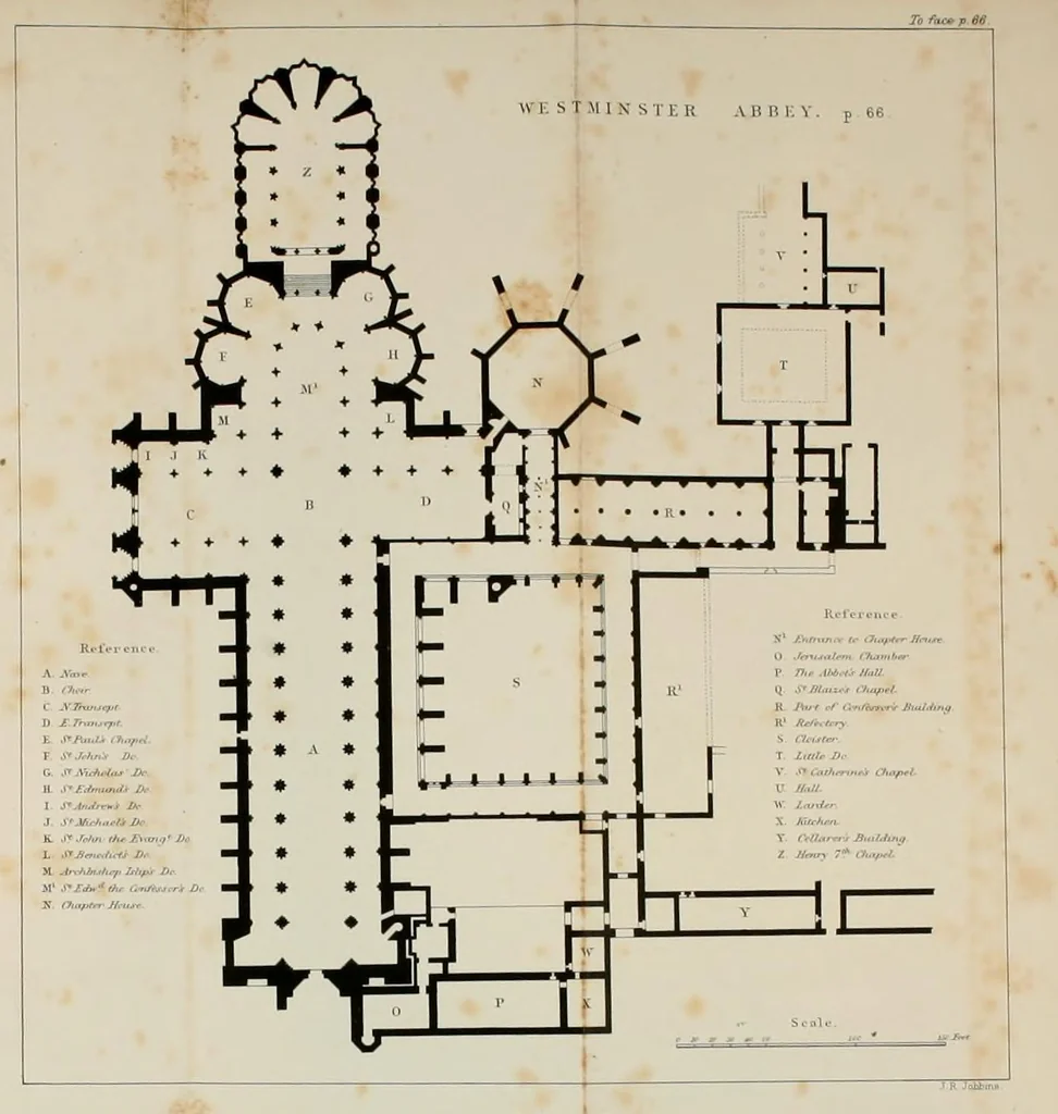 An illustration from Church and conventual arrangement. With copious references, a complete glossary, and an index. And illustrated by a series of ground-plans and plates of the arrangements of churches in different countries and at successive periods, and of the conventual plans adopted by the various orders, 1861, leaf 98