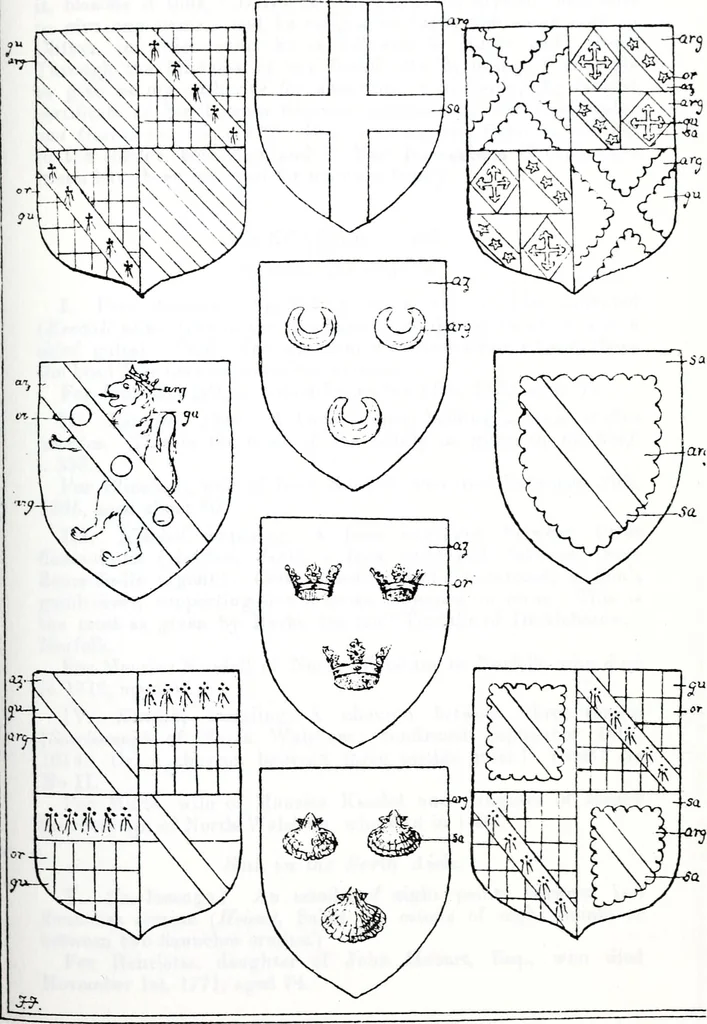 An illustration from The church heraldry of Norfolk : a description of all coats of arms on brasses, monuments, slabs, hatchments, &c., now to be found in the county, illustrated, with references to Blomefield's History of Norfolk and Burke's Armory, together with notes from the inscriptions attached, 1887, leaf 156