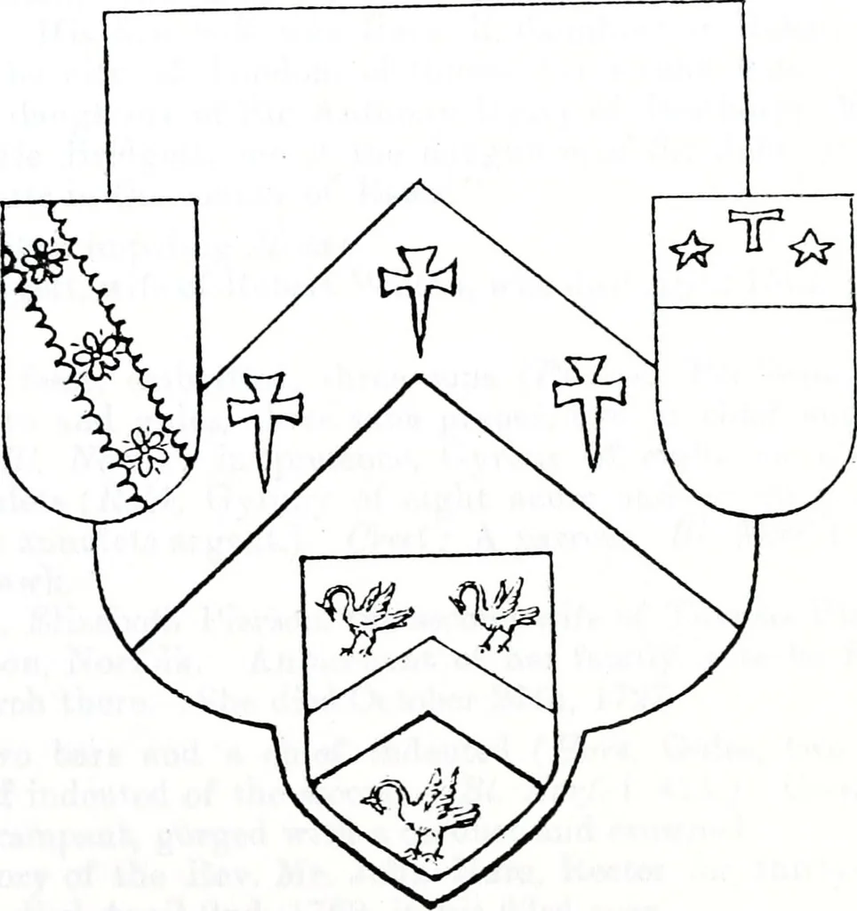 An illustration from The church heraldry of Norfolk : a description of all coats of arms on brasses, monuments, slabs, hatchments, &c., now to be found in the county, illustrated, with references to Blomefield's History of Norfolk and Burke's Armory, together with notes from the inscriptions attached, 1887, leaf 174
