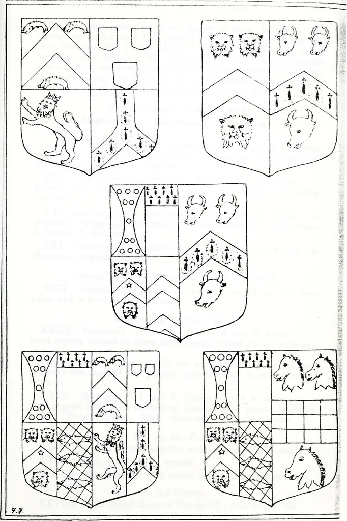 An illustration from The church heraldry of Norfolk : a description of all coats of arms on brasses, monuments, slabs, hatchments, &c., now to be found in the county, illustrated, with references to Blomefield's History of Norfolk and Burke's Armory, together with notes from the inscriptions attached, 1887, leaf 210