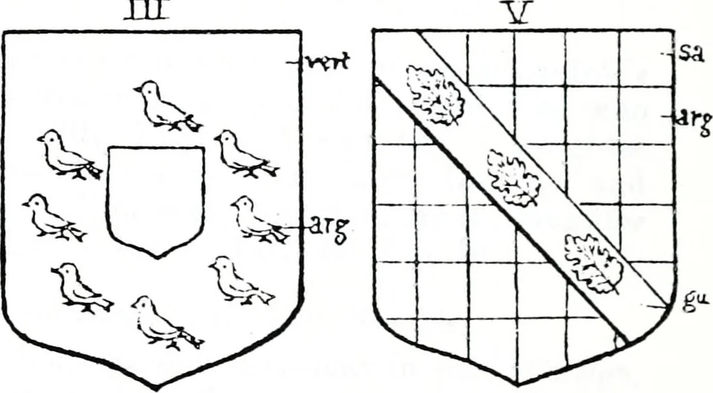 An illustration from The church heraldry of Norfolk : a description of all coats of arms on brasses, monuments, slabs, hatchments, &c., now to be found in the county, illustrated, with references to Blomefield's History of Norfolk and Burke's Armory, together with notes from the inscriptions attached, 1887, leaf 272