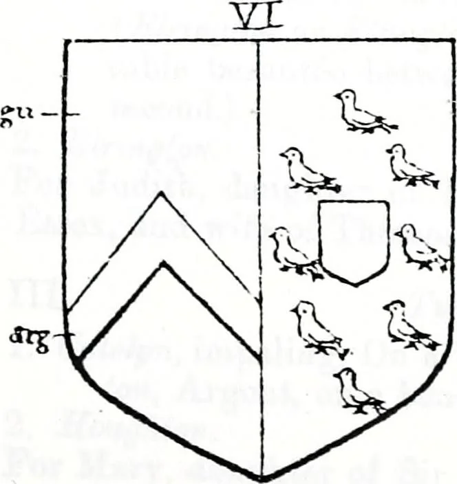 An illustration from The church heraldry of Norfolk : a description of all coats of arms on brasses, monuments, slabs, hatchments, &c., now to be found in the county, illustrated, with references to Blomefield's History of Norfolk and Burke's Armory, together with notes from the inscriptions attached, 1887, leaf 272