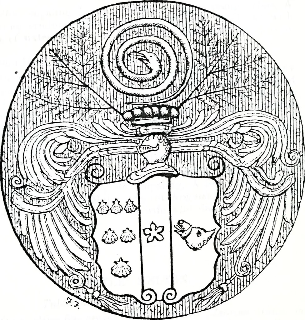 An illustration from The church heraldry of Norfolk : a description of all coats of arms on brasses, monuments, slabs, hatchments, &c., now to be found in the county, illustrated, with references to Blomefield's History of Norfolk and Burke's Armory, together with notes from the inscriptions attached, 1887, leaf 420
