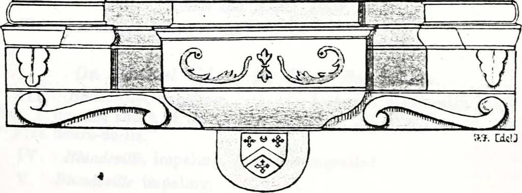An illustration from The church heraldry of Norfolk : a description of all coats of arms on brasses, monuments, slabs, hatchments, &c., now to be found in the county, illustrated, with references to Blomefield's History of Norfolk and Burke's Armory, together with notes from the inscriptions attached, 1887, leaf 432
