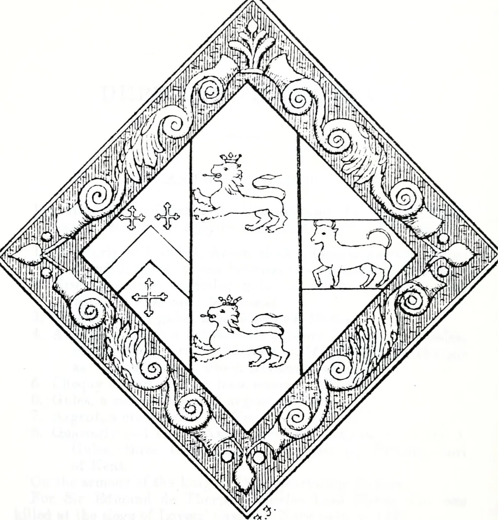 An illustration from The church heraldry of Norfolk : a description of all coats of arms on brasses, monuments, slabs, hatchments, &c., now to be found in the county, illustrated, with references to Blomefield's History of Norfolk and Burke's Armory, together with notes from the inscriptions attached, 1887, leaf 444