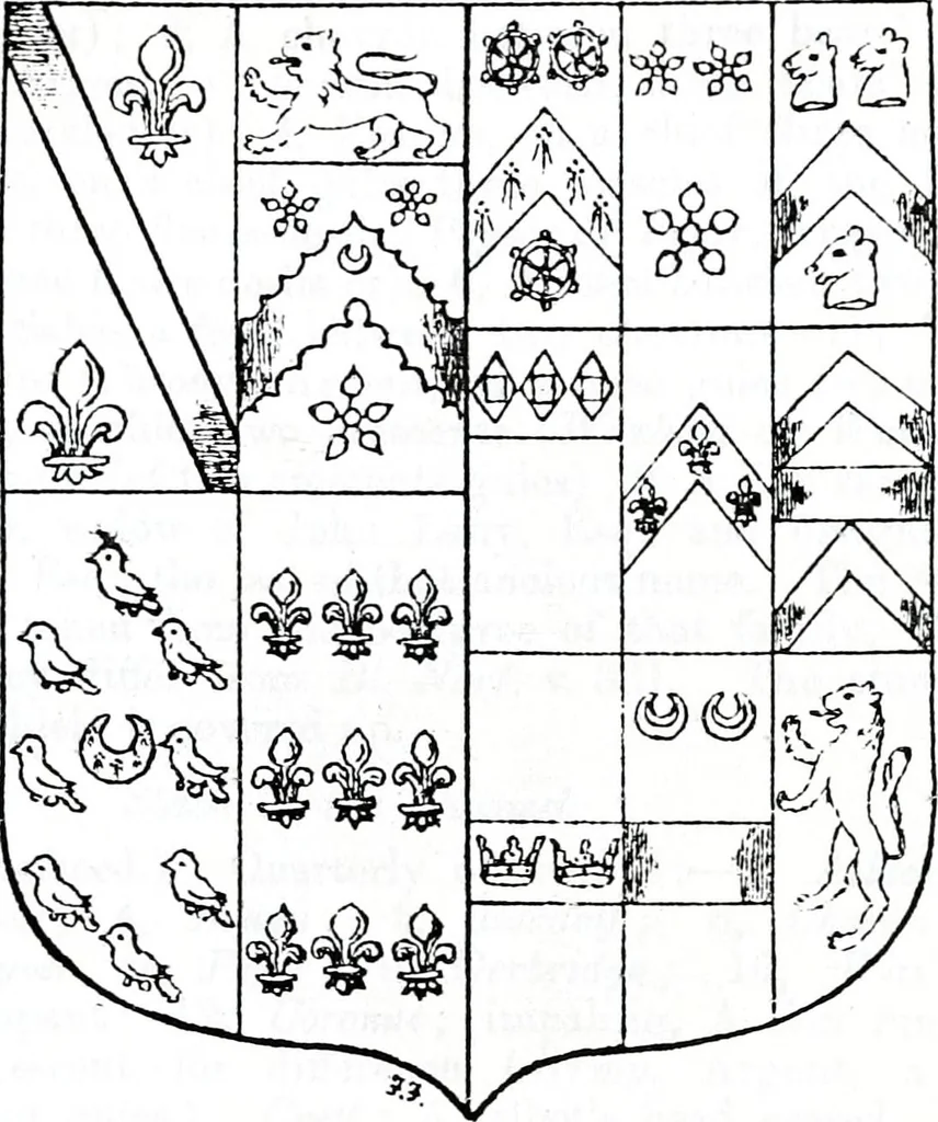 An illustration from The church heraldry of Norfolk : a description of all coats of arms on brasses, monuments, slabs, hatchments, &c., now to be found in the county, illustrated, with references to Blomefield's History of Norfolk and Burke's Armory, together with notes from the inscriptions attached, 1887, leaf 60