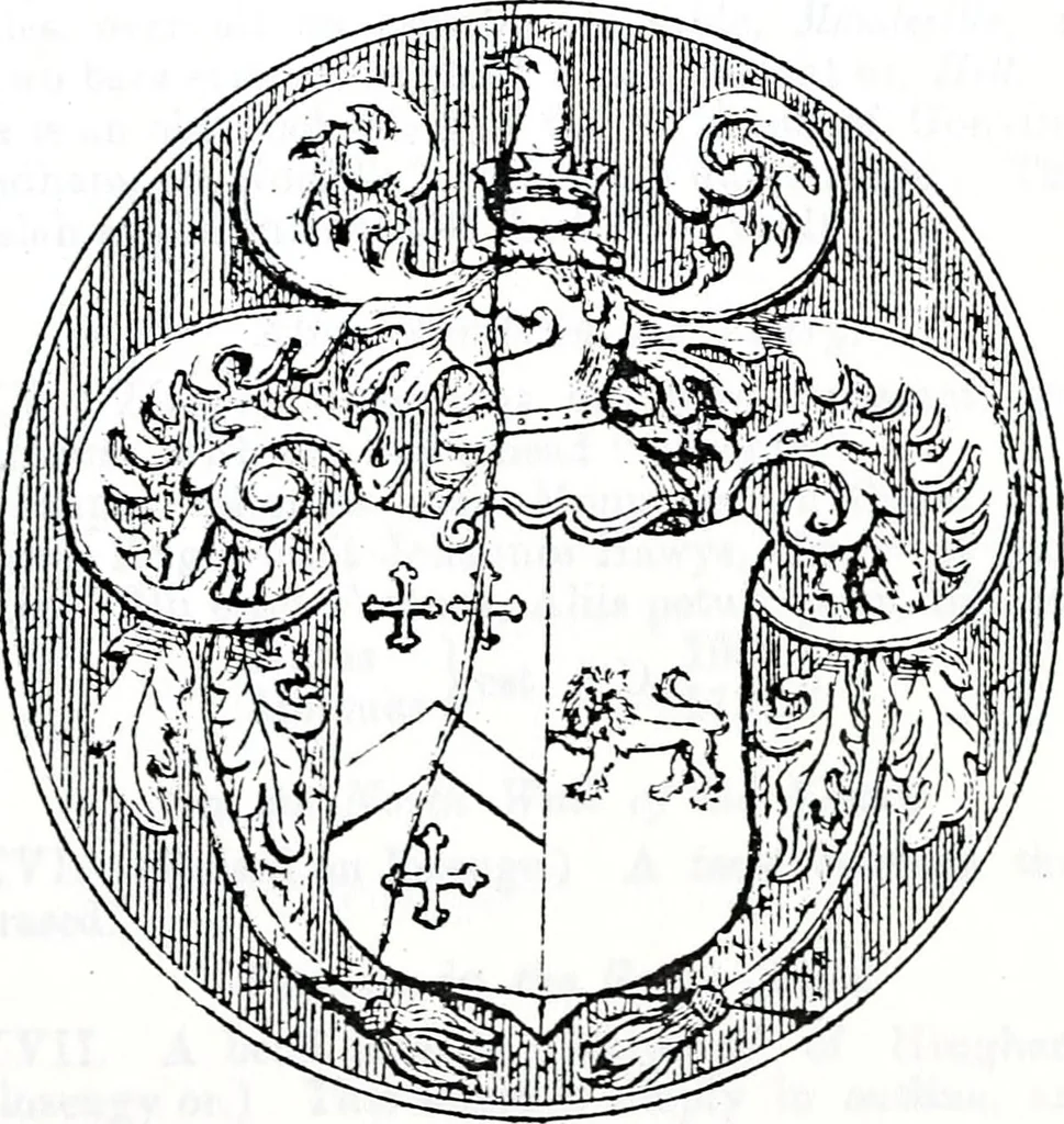 An illustration from The church heraldry of Norfolk : a description of all coats of arms on brasses, monuments, slabs, hatchments, &c., now to be found in the county, illustrated, with references to Blomefield's History of Norfolk and Burke's Armory, together with notes from the inscriptions attached, 1887, leaf 706