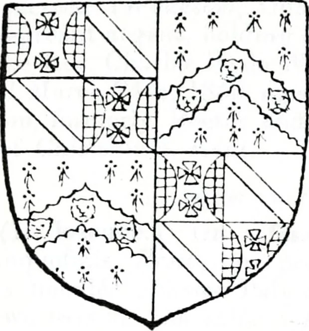 An illustration from The church heraldry of Norfolk : a description of all coats of arms on brasses, monuments, slabs, hatchments, &c., now to be found in the county, illustrated, with references to Blomefield's History of Norfolk and Burke's Armory, together with notes from the inscriptions attached, 1887, leaf 726