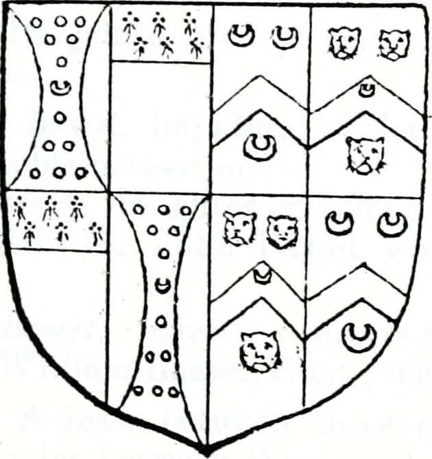 An illustration from The church heraldry of Norfolk : a description of all coats of arms on brasses, monuments, slabs, hatchments, &c., now to be found in the county, illustrated, with references to Blomefield's History of Norfolk and Burke's Armory, together with notes from the inscriptions attached, 1887, leaf 726