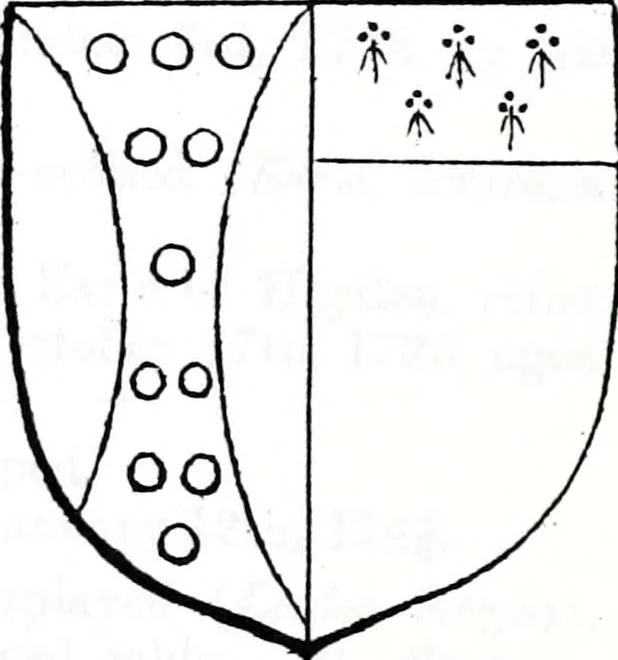 An illustration from The church heraldry of Norfolk : a description of all coats of arms on brasses, monuments, slabs, hatchments, &c., now to be found in the county, illustrated, with references to Blomefield's History of Norfolk and Burke's Armory, together with notes from the inscriptions attached, 1887, leaf 726