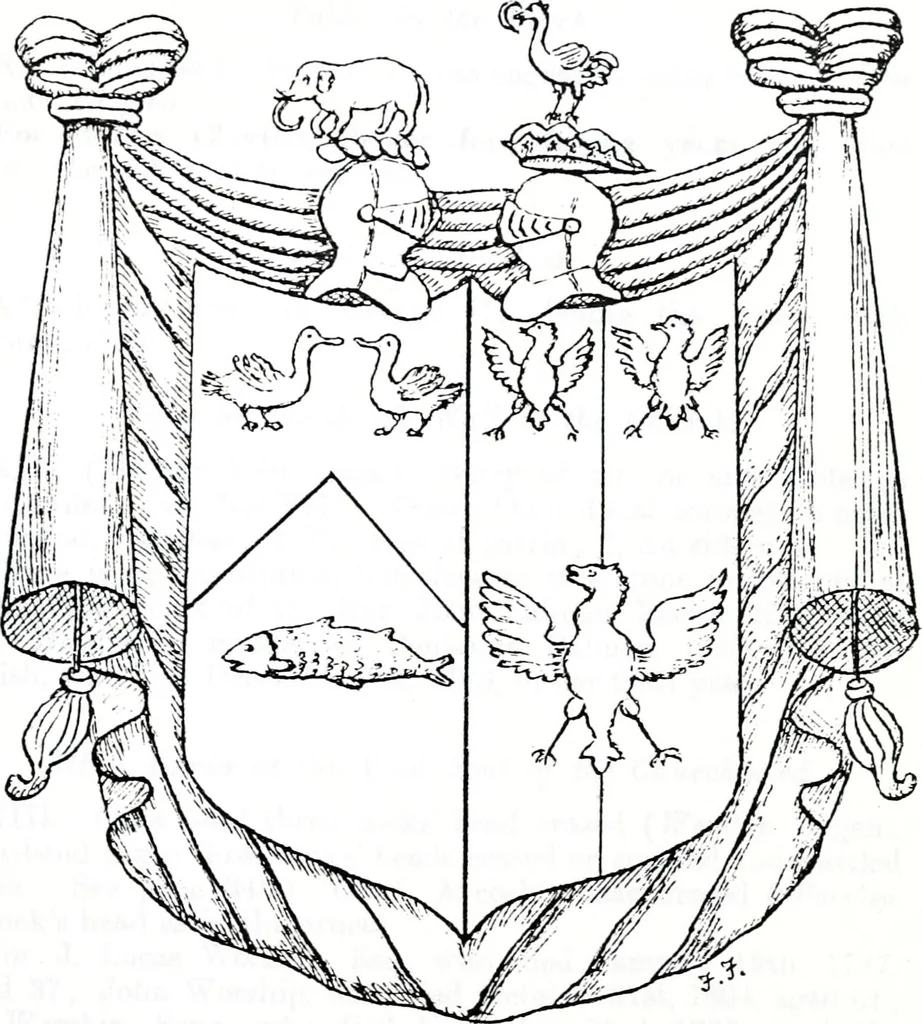 An illustration from The church heraldry of Norfolk : a description of all coats of arms on brasses, monuments, slabs, hatchments, &c., now to be found in the county, illustrated, with references to Blomefield's History of Norfolk and Burke's Armory, together with notes from the inscriptions attached, 1887, leaf 792