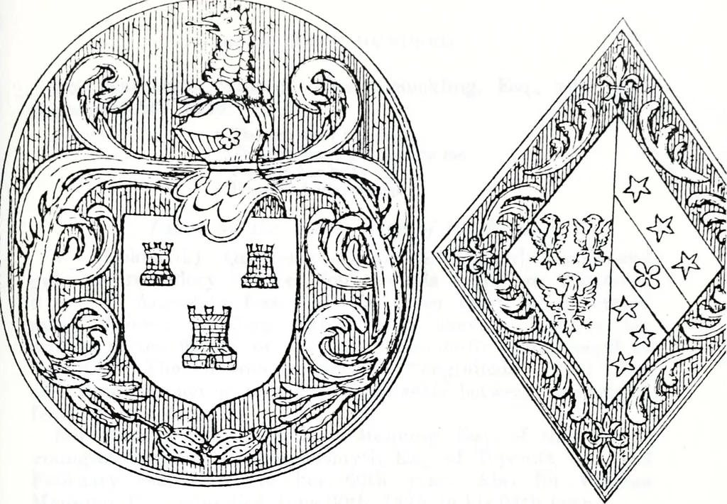 An illustration from The church heraldry of Norfolk : a description of all coats of arms on brasses, monuments, slabs, hatchments, &c., now to be found in the county, illustrated, with references to Blomefield's History of Norfolk and Burke's Armory, together with notes from the inscriptions attached, 1887, leaf 810