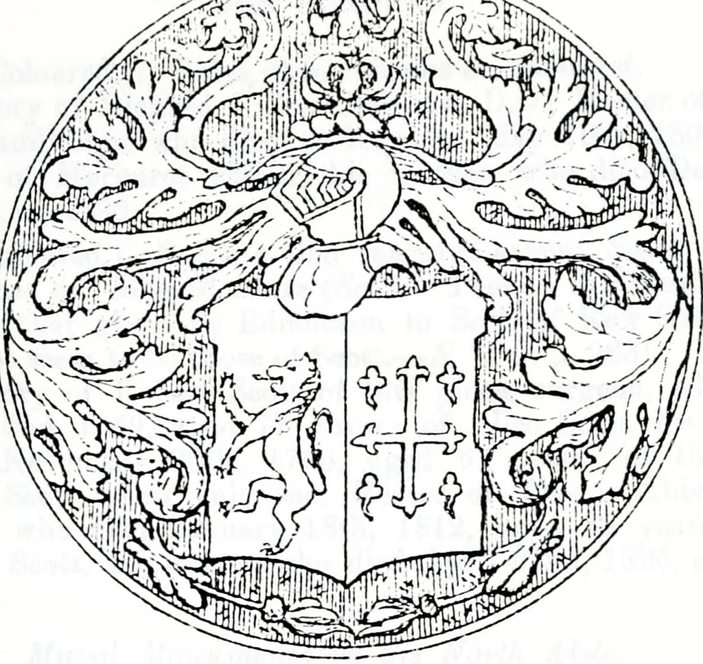 An illustration from The church heraldry of Norfolk : a description of all coats of arms on brasses, monuments, slabs, hatchments, &c., now to be found in the county, illustrated, with references to Blomefield's History of Norfolk and Burke's Armory, together with notes from the inscriptions attached, 1887, leaf 92