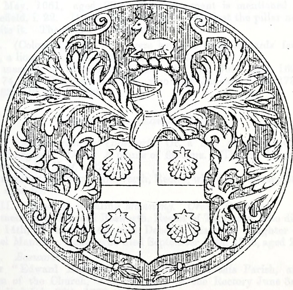 An illustration from The church heraldry of Norfolk : a description of all coats of arms on brasses, monuments, slabs, hatchments, &c., now to be found in the county, illustrated, with references to Blomefield's History of Norfolk and Burke's Armory, together with notes from the inscriptions attached, 1887, leaf 92