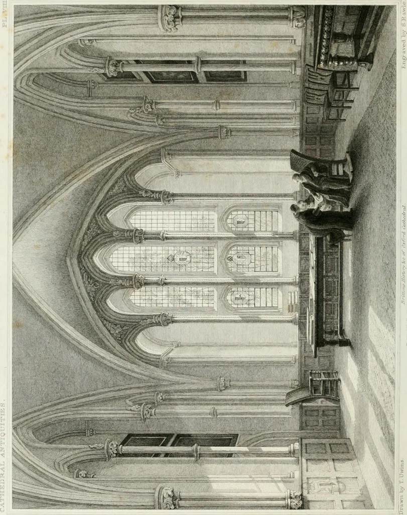 An illustration from The history and antiquities of the cathedral church of Oxford : illustrated by a series of engravings, of views, plans, elevations, sections, and details of that edifice, with biographical anecdotes of the bishops and of other eminent persons connected with the church, 1821, leaf 43