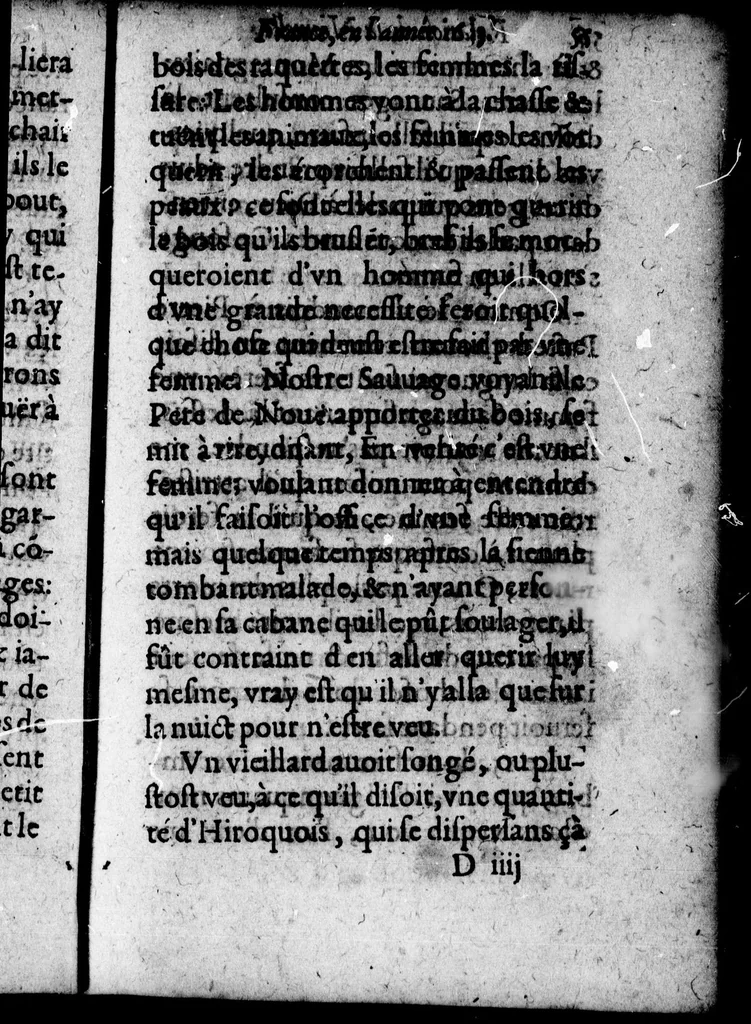 An illustration from Relation de ce qui s'est passe en la Nouvelle France, en l'annee 1633 [microforme] : envoyée au R.P. Barth. Iacquinot, provincial de la Compagnie de Jesus en la province de France par le P. Paul Le Jeune de la mesme compagnie, superieur de la résidence de Kebec, 1634, leaf 59