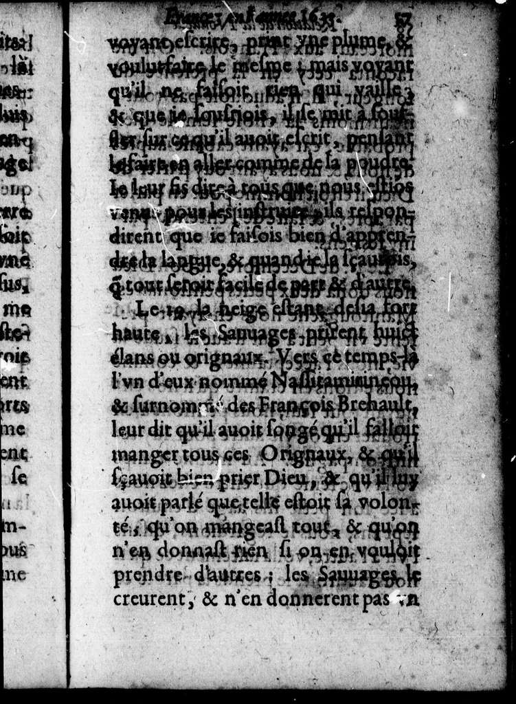 An illustration from Relation de ce qui s'est passe en la Nouvelle France, en l'annee 1633 [microforme] : envoyée au R.P. Barth. Iacquinot, provincial de la Compagnie de Jesus en la province de France par le P. Paul Le Jeune de la mesme compagnie, superieur de la résidence de Kebec, 1634, leaf 61