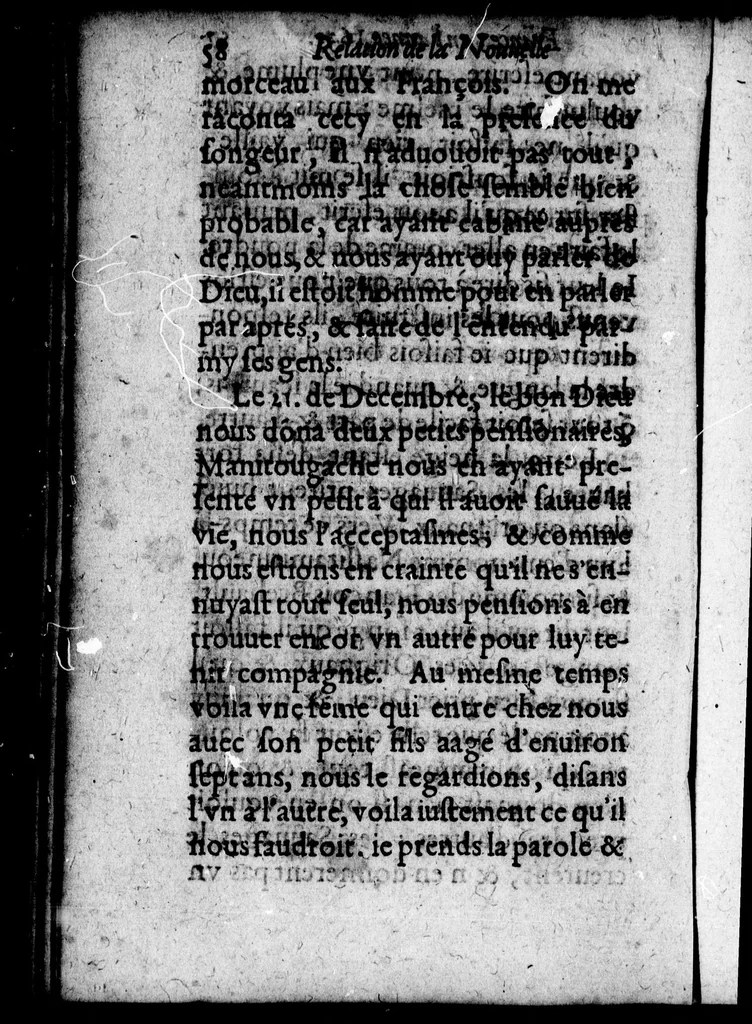 An illustration from Relation de ce qui s'est passe en la Nouvelle France, en l'annee 1633 [microforme] : envoyée au R.P. Barth. Iacquinot, provincial de la Compagnie de Jesus en la province de France par le P. Paul Le Jeune de la mesme compagnie, superieur de la résidence de Kebec, 1634, leaf 62
