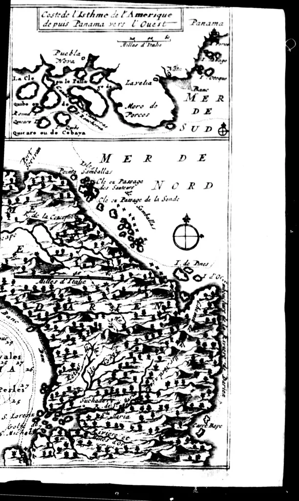 An illustration from Nouveau voyage autour du monde [microforme] : où l'on décrit en particulier l'Isthme de l'Amerique, plusieurs côtes et isles des Indes Occidentales, les Isles du Cap Verd, le passage par la Terre del Fuego, les côtes meridionales du Chili, du Perou & du Mexique; l'Isle de Guam, Mindanao, & des autres Philippines, les isles orientales qui sont prés de Cambodie; de la Chine; Formosa; Luçon, Celebes, &c., la Nouvelle Hollande, les Isles de Sumatra, de Nicobar & de Sainte Helene & le Cap de Bonne Esperance : où l'on traite des differens terroirs de tous ces pais, de leurs ports, des plantes, des fruits & des animaux qu'on y trouve; de leurs habitans, de leurs coûtumes, de leur religion, de leur gouvernement, de leur negoce, &c., 1698, leaf 27
