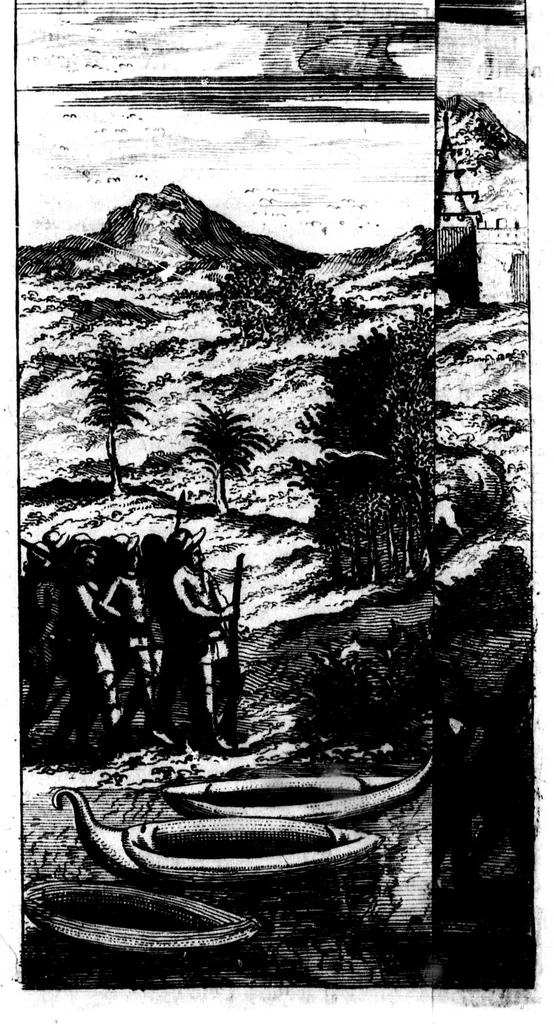 An illustration from Nouveau voyage autour du monde [microforme] : où l'on décrit en particulier l'Isthme de l'Amerique, plusieurs côtes et isles des Indes Occidentales, les Isles du Cap Verd, le passage par la Terre del Fuego, les côtes meridionales du Chili, du Perou & du Mexique; l'Isle de Guam, Mindanao, & des autres Philippines, les isles orientales qui sont prés de Cambodie; de la Chine; Formosa; Luçon, Celebes, &c., la Nouvelle Hollande, les Isles de Sumatra, de Nicobar & de Sainte Helene & le Cap de Bonne Esperance : où l'on traite des differens terroirs de tous ces pais, de leurs ports, des plantes, des fruits & des animaux qu'on y trouve; de leurs habitans, de leurs coûtumes, de leur religion, de leur gouvernement, de leur negoce, &c., 1698, leaf 351