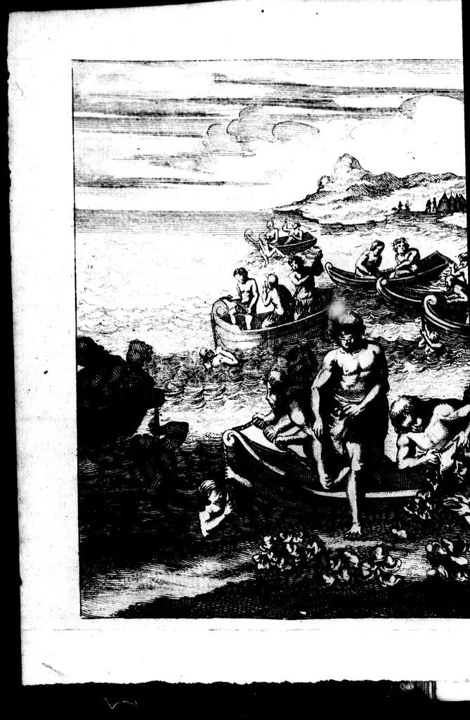 An illustration from Nouveau voyage autour du monde [microforme] : où l'on décrit en particulier l'Isthme de l'Amerique, plusieurs côtes et isles des Indes Occidentales, les Isles du Cap Verd, le passage par la Terre del Fuego, les côtes meridionales du Chili, du Perou & du Mexique; l'Isle de Guam, Mindanao, & des autres Philippines, les isles orientales qui sont prés de Cambodie; de la Chine; Formosa; Luçon, Celebes, &c., la Nouvelle Hollande, les Isles de Sumatra, de Nicobar & de Sainte Helene & le Cap de Bonne Esperance : où l'on traite des differens terroirs de tous ces pais, de leurs ports, des plantes, des fruits & des animaux qu'on y trouve; de leurs habitans, de leurs coûtumes, de leur religion, de leur gouvernement, de leur negoce, &c., 1698, leaf 80