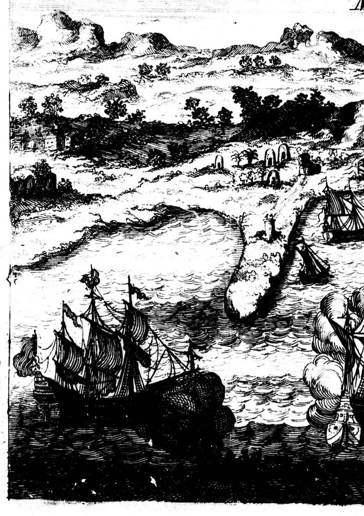An illustration from Nouveau voyage autour du monde [microforme] : où l'on décrit en particulier l'Isthme de l'Amerique, plusieurs côtes et isles des Indes Occidentales, les Isles du Cap Verd, le passage par la Terre del Fuego, les côtes meridionales du Chili, du Perou & du Mexique; l'Isle de Guam, Mindanao, & des autres Philippines, les isles orientales qui sont prés de Cambodie; de la Chine; Formosa; Luçon, Celebes, &c., la Nouvelle Hollande, les Isles de Sumatra, de Nicobar & de Sainte Helene & le Cap de Bonne Esperance : où l'on traite des differens terroirs de tous ces pais, de leurs ports, des plantes, des fruits & des animaux qu'on y trouve; de leurs habitans, de leurs coûtumes, de leur religion, de leur gouvernement, de leur negoce, &c., 1698, leaf 139
