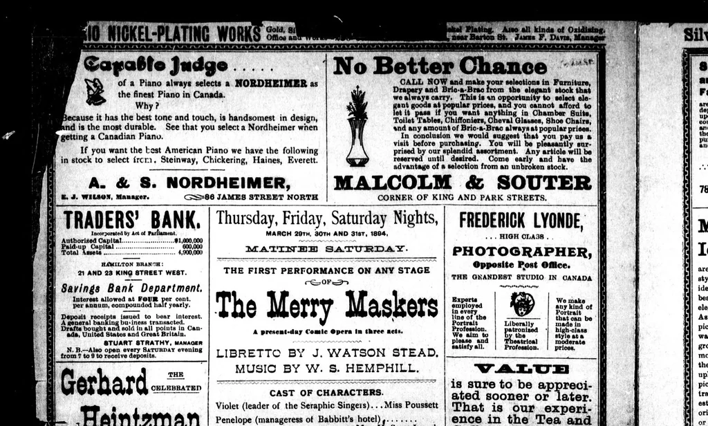 An illustration from The First performance on any stage of The merry maskers [microform] : a present-day comic opera in three acts : libretto by J. Watson Stead, music by W.S. Hemphill ... : cast of characters : Violet (leader of the Seraphic Singers) ......Miss Poussett ... chorus of Seraphic Singers, waiters, students, masqueraders and professors, 1894, leaf 5
