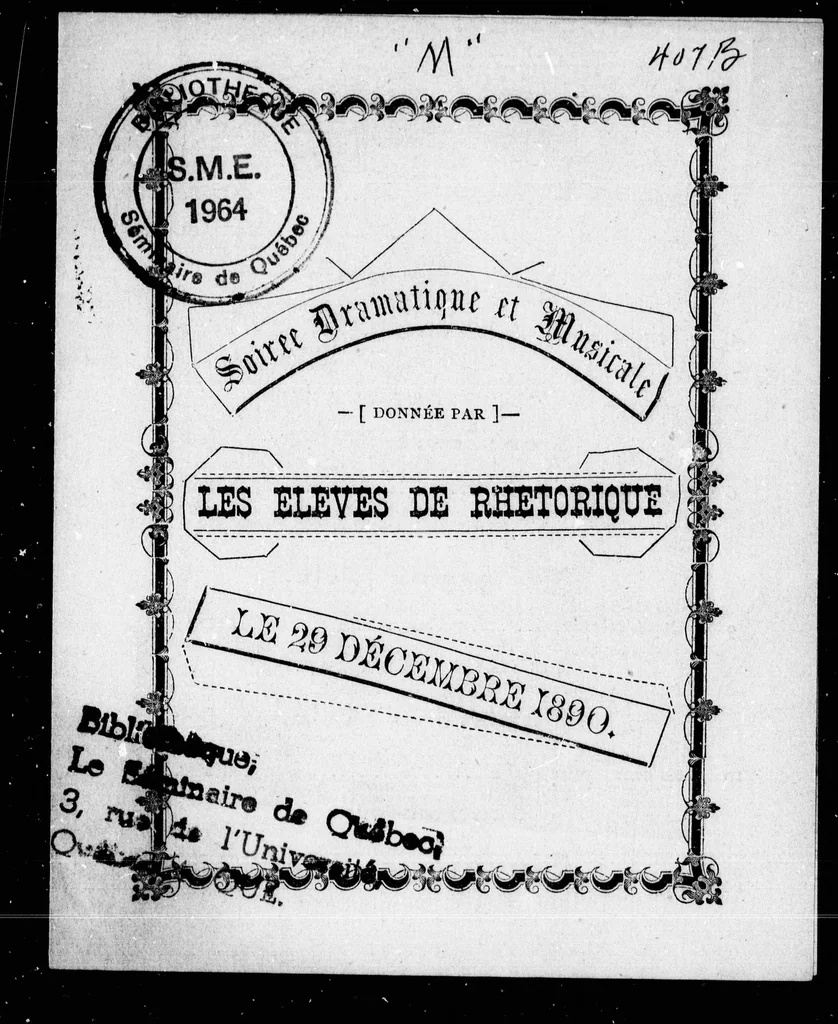 An illustration from Soirée dramatique et musicale donnée par les élèves de rhétorique, le 29 décembre 1890 [microforme], 1890, leaf 4