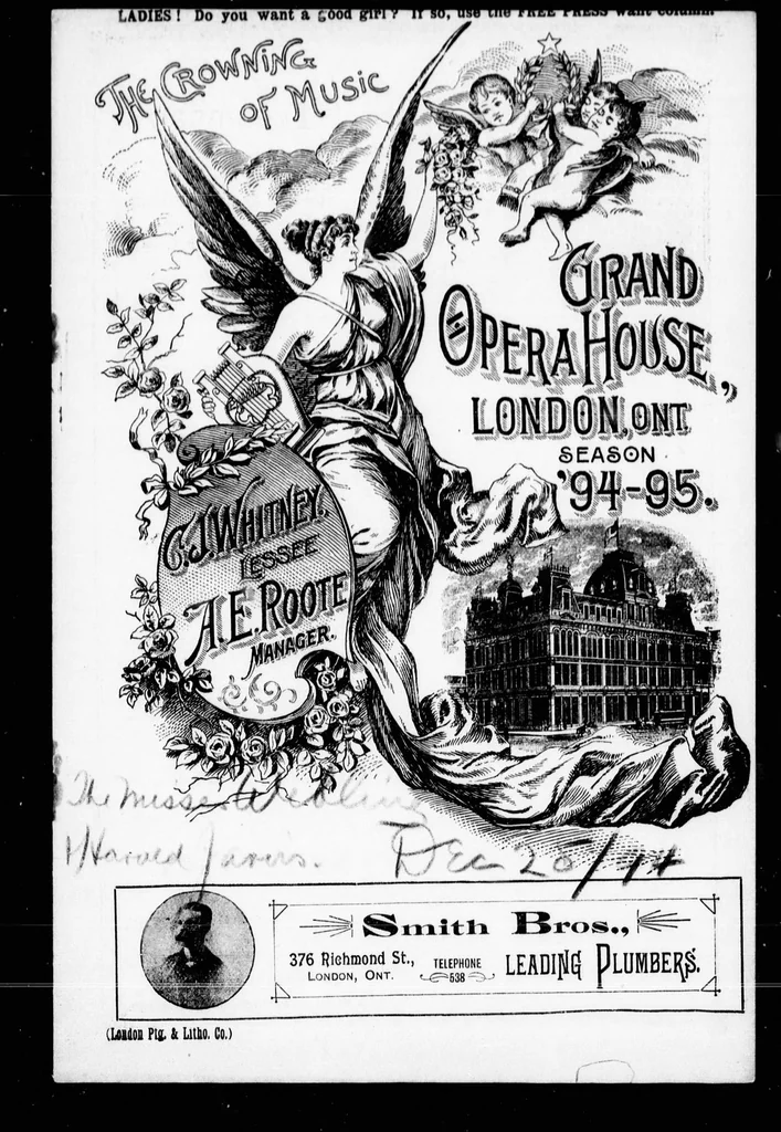 An illustration from Grand Opera House, London, Ont., programme [microform] : Tuesday, December 25th, 1894, dramatic and musical costume recital by the Misses Webling of London, Eng., Rosalind, Peggy and Lucy, and special engagement of Harold Jarvis, of Detroit, the celebrated tenor ., 1894, leaf 4