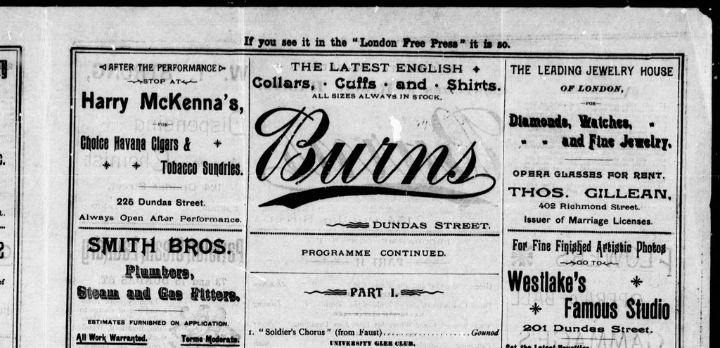 An illustration from Grand Opera House, London, Ont. [microform] : Wednesday ev'g, Dec. 21st, 1892 : programme, Toronto University Glee Club assisted by the College Banjo and Guitar Club and Mandolin Quintette, under the auspices of the London Athletic Club ., 1892, leaf 6