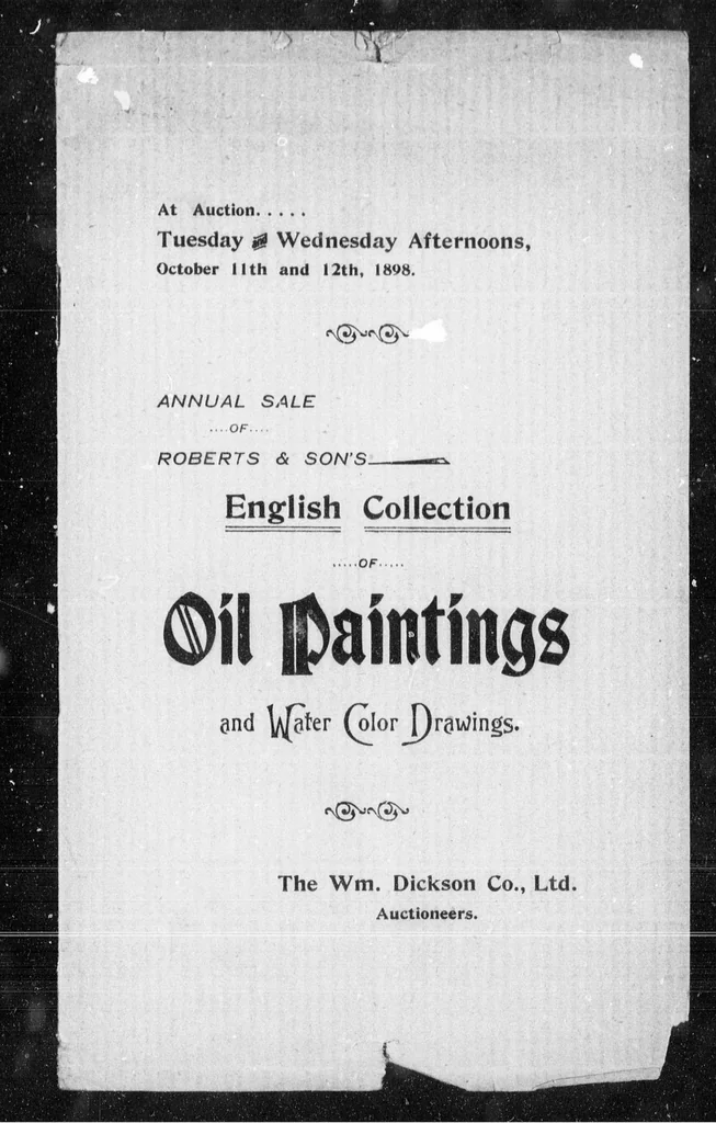 An illustration from Catalogue of Roberts & Sons' annual collection of oil paintings and water color drawings [microform] : from the studios of eminent British artists, together with a few examples of the modern Dutch School, to be sold at auction, without reserve, October 11th and 12th 1898, at 2:30 o' clock P.M. at Roberts & Sons' Art Gallery, 79 King Street West, Toronto, 1898, leaf 5