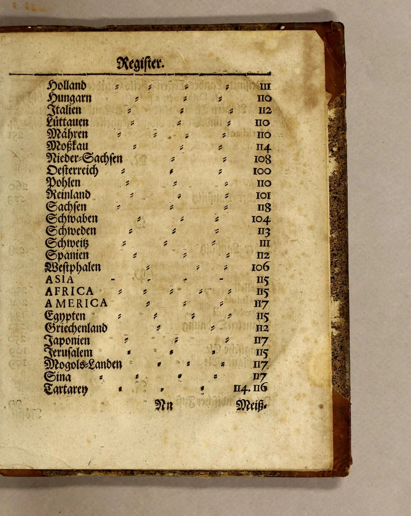 An illustration from Cimelium geographicum tripartitum, oder Dreyfaches geographisches Kleinod, : darinnen begriffen, I. Richtig-gesuchte und verfassete Longitudines und Latitudines aller gross- und kleinen Städte, auch Schlösser, sambt gräflicher, freyherrlicher und adelicher Häuser, des gantzen höchstlöblichsten Churfürstenthums Sachsen und incorporirter Lande, neben theils angräntzender Oerther. II. Milliographia, oder, Meilen-Beschreibung, erstlich durch die gantze Welt, hernach in specie dieser Lande; dabey ein sonderbar Rosetum Geographicum, oder Geographischer Rosen-Garten, III. Seminarium geographicum, Geographischer Pflantz-Garten, Rechst schuldigster Beförderung der Ehre Gottes, der Durchleuchtigsten, Chur- und Hoch-Fürstlichen gnädigsten Herrschafft zu unterthänigsten, auch Dero getreuesten Land-Ständen nützlichen Diensten, 1680, leaf 331