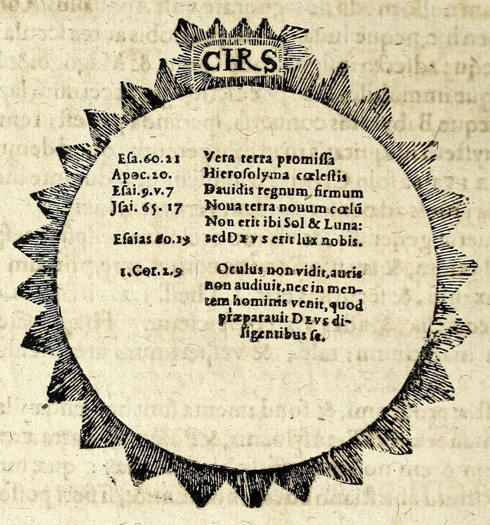 An illustration from Circulus horologI lunaris et solaris, hoc est, Breuissima synopsis, historica, typica et mystica : variis figuris & emblematis illustrata, repraesentans ex Vetere & Nouo Testamento continuam seriem praecipuarum ecclesiae & mundi mutationum, ceu horarum quarundam, praeteritarum, praesentium & secuturarum vlsque ad mundi consummationem, 1616, leaf 100