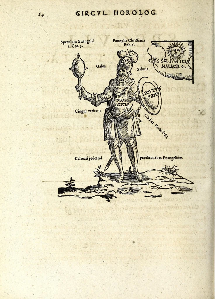 An illustration from Circulus horologI lunaris et solaris, hoc est, Breuissima synopsis, historica, typica et mystica : variis figuris & emblematis illustrata, repraesentans ex Vetere & Nouo Testamento continuam seriem praecipuarum ecclesiae & mundi mutationum, ceu horarum quarundam, praeteritarum, praesentium & secuturarum vlsque ad mundi consummationem, 1616, leaf 102