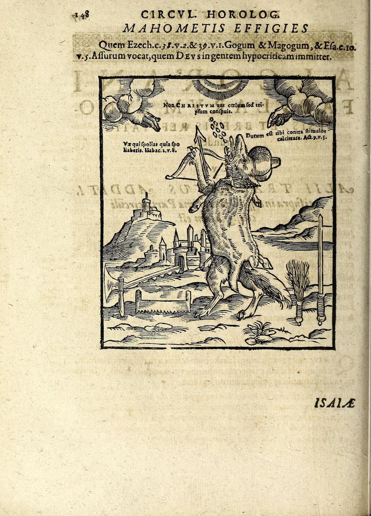 An illustration from Circulus horologI lunaris et solaris, hoc est, Breuissima synopsis, historica, typica et mystica : variis figuris & emblematis illustrata, repraesentans ex Vetere & Nouo Testamento continuam seriem praecipuarum ecclesiae & mundi mutationum, ceu horarum quarundam, praeteritarum, praesentium & secuturarum vlsque ad mundi consummationem, 1616, leaf 166