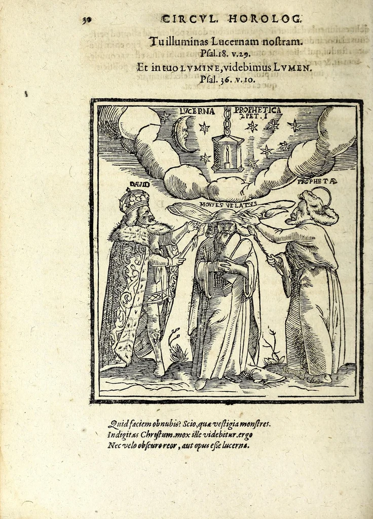 An illustration from Circulus horologI lunaris et solaris, hoc est, Breuissima synopsis, historica, typica et mystica : variis figuris & emblematis illustrata, repraesentans ex Vetere & Nouo Testamento continuam seriem praecipuarum ecclesiae & mundi mutationum, ceu horarum quarundam, praeteritarum, praesentium & secuturarum vlsque ad mundi consummationem, 1616, leaf 48