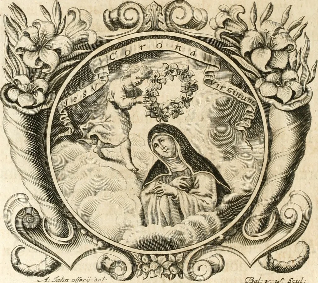 An illustration from Cistercium bis-tertium seu Historia elogialis, in qua sacerrimi ordinis cisterciensis anno Domini 1698 à sui origine sexies, seu bis-ter saecularis primordia, incrementa, praeclara gesta ... connexiones cum religiosis ordinibus, coenobiorum series per terras austriacas ., 1700, leaf 221