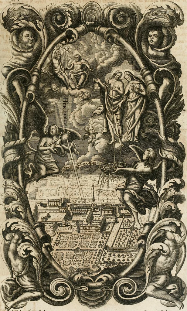 An illustration from Cistercium bis-tertium seu Historia elogialis, in qua sacerrimi ordinis cisterciensis anno Domini 1698 à sui origine sexies, seu bis-ter saecularis primordia, incrementa, praeclara gesta ... connexiones cum religiosis ordinibus, coenobiorum series per terras austriacas ., 1700, leaf 26