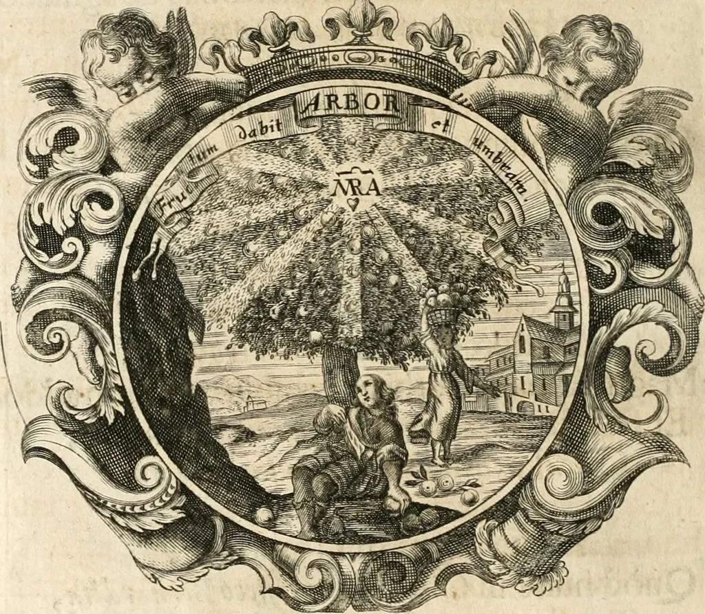 An illustration from Cistercium bis-tertium seu Historia elogialis, in qua sacerrimi ordinis cisterciensis anno Domini 1698 à sui origine sexies, seu bis-ter saecularis primordia, incrementa, praeclara gesta ... connexiones cum religiosis ordinibus, coenobiorum series per terras austriacas ., 1700, leaf 275
