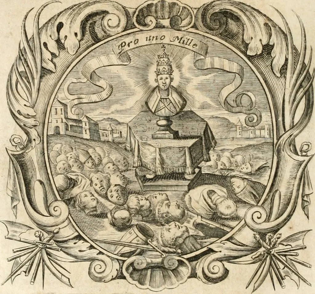 An illustration from Cistercium bis-tertium seu Historia elogialis, in qua sacerrimi ordinis cisterciensis anno Domini 1698 à sui origine sexies, seu bis-ter saecularis primordia, incrementa, praeclara gesta ... connexiones cum religiosis ordinibus, coenobiorum series per terras austriacas ., 1700, leaf 297