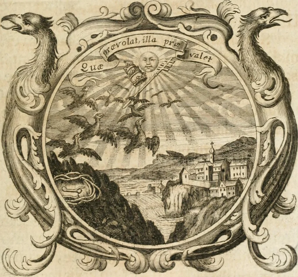 An illustration from Cistercium bis-tertium seu Historia elogialis, in qua sacerrimi ordinis cisterciensis anno Domini 1698 à sui origine sexies, seu bis-ter saecularis primordia, incrementa, praeclara gesta ... connexiones cum religiosis ordinibus, coenobiorum series per terras austriacas ., 1700, leaf 342