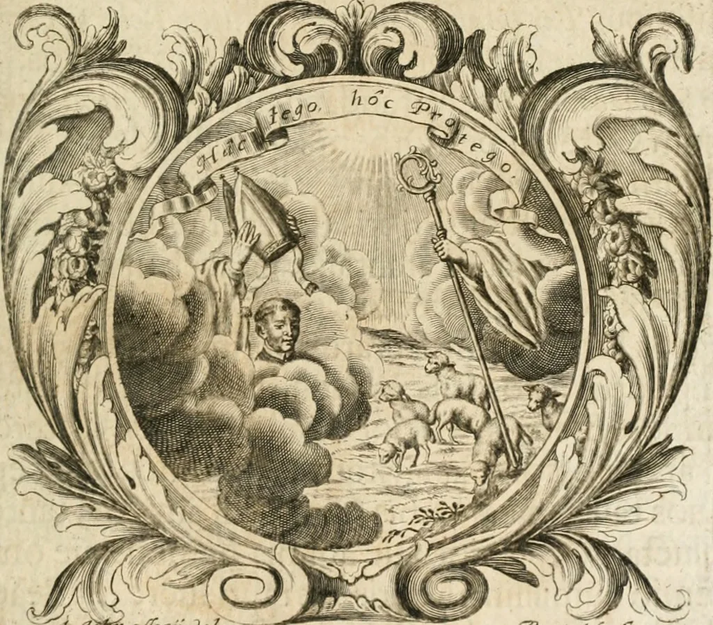 An illustration from Cistercium bis-tertium seu Historia elogialis, in qua sacerrimi ordinis cisterciensis anno Domini 1698 à sui origine sexies, seu bis-ter saecularis primordia, incrementa, praeclara gesta ... connexiones cum religiosis ordinibus, coenobiorum series per terras austriacas ., 1700, leaf 380