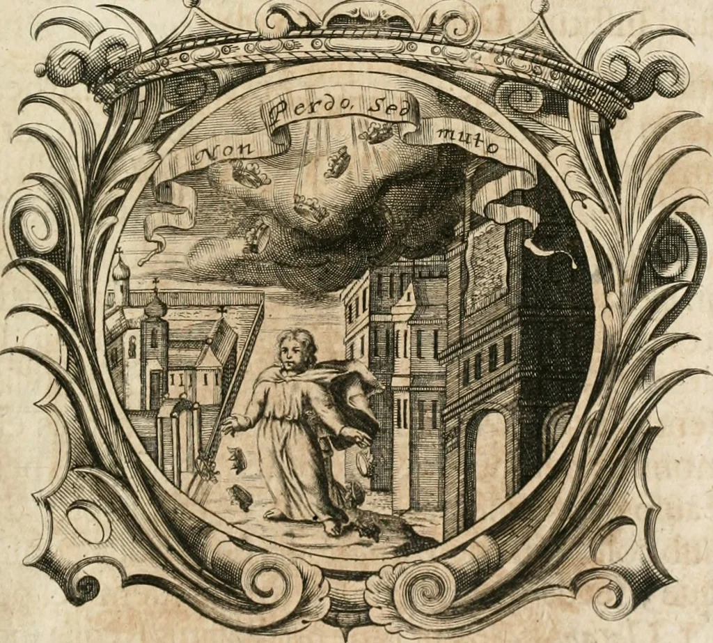 An illustration from Cistercium bis-tertium seu Historia elogialis, in qua sacerrimi ordinis cisterciensis anno Domini 1698 à sui origine sexies, seu bis-ter saecularis primordia, incrementa, praeclara gesta ... connexiones cum religiosis ordinibus, coenobiorum series per terras austriacas ., 1700, leaf 442