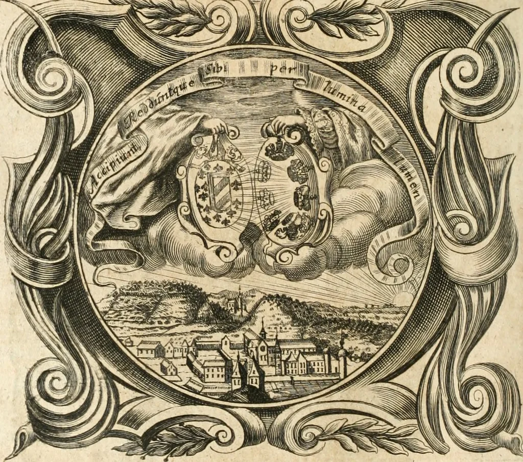 An illustration from Cistercium bis-tertium seu Historia elogialis, in qua sacerrimi ordinis cisterciensis anno Domini 1698 à sui origine sexies, seu bis-ter saecularis primordia, incrementa, praeclara gesta ... connexiones cum religiosis ordinibus, coenobiorum series per terras austriacas ., 1700, leaf 467