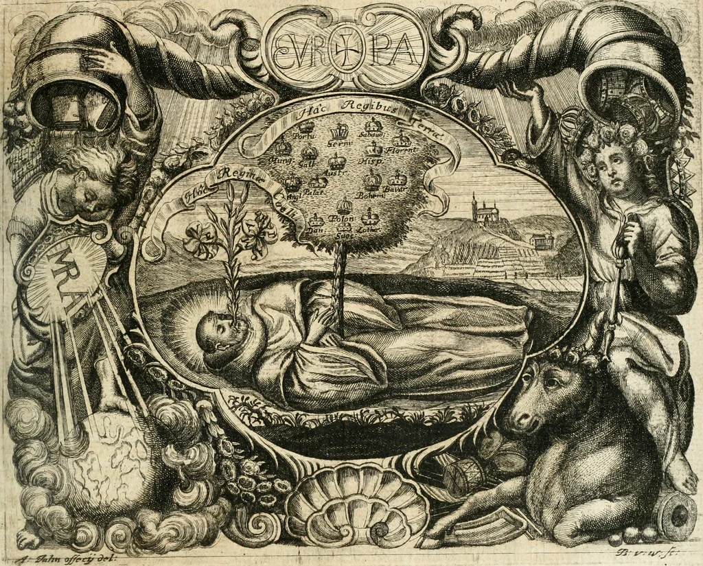 An illustration from Cistercium bis-tertium seu Historia elogialis, in qua sacerrimi ordinis cisterciensis anno Domini 1698 à sui origine sexies, seu bis-ter saecularis primordia, incrementa, praeclara gesta ... connexiones cum religiosis ordinibus, coenobiorum series per terras austriacas ., 1700, leaf 474