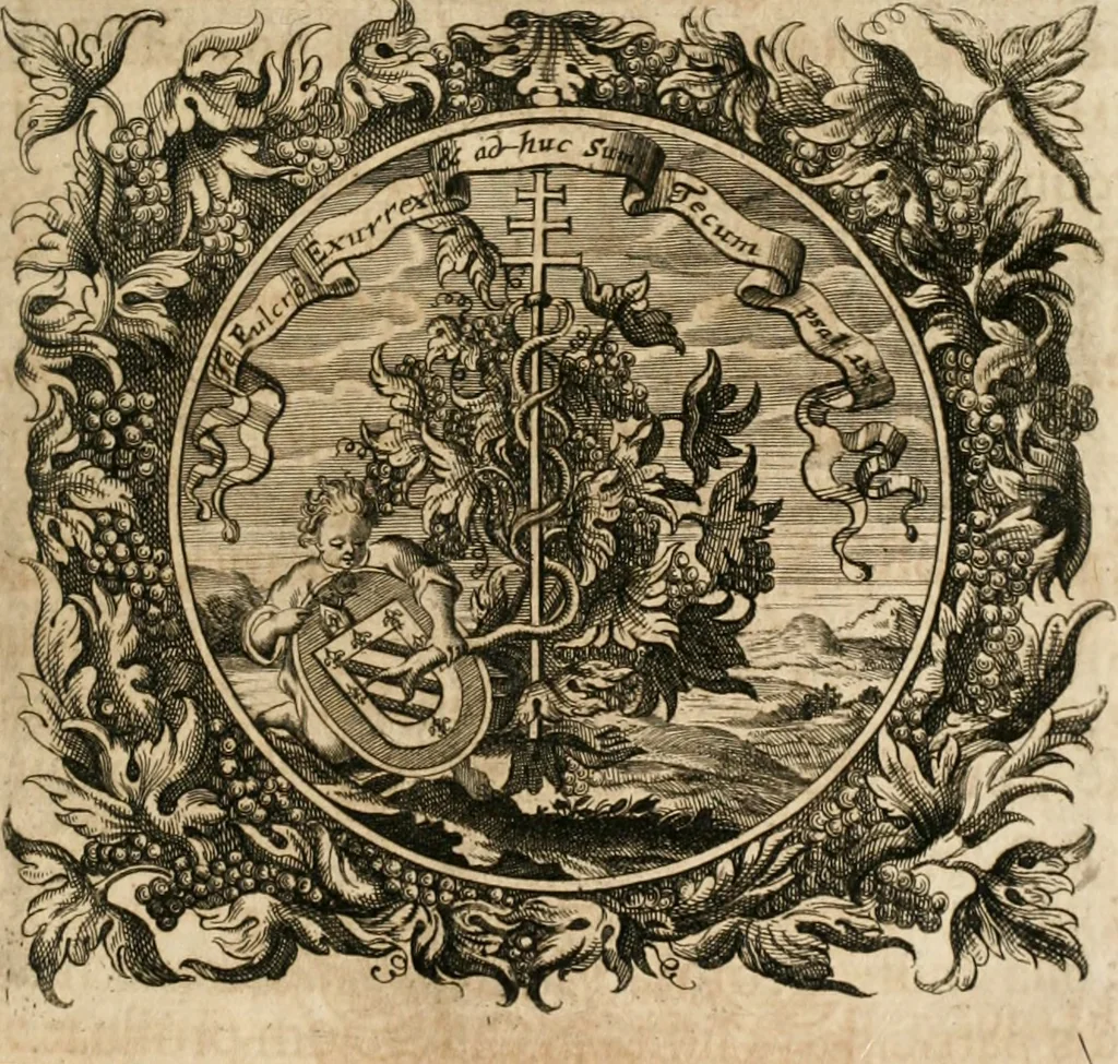 An illustration from Cistercium bis-tertium seu Historia elogialis, in qua sacerrimi ordinis cisterciensis anno Domini 1698 à sui origine sexies, seu bis-ter saecularis primordia, incrementa, praeclara gesta ... connexiones cum religiosis ordinibus, coenobiorum series per terras austriacas ., 1700, leaf 636
