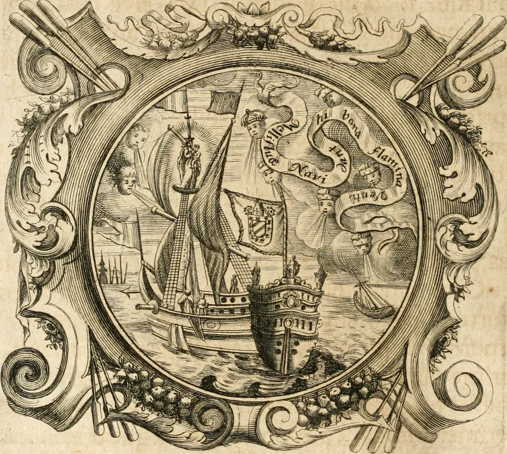 An illustration from Cistercium bis-tertium seu Historia elogialis, in qua sacerrimi ordinis cisterciensis anno Domini 1698 à sui origine sexies, seu bis-ter saecularis primordia, incrementa, praeclara gesta ... connexiones cum religiosis ordinibus, coenobiorum series per terras austriacas ., 1700, leaf 677