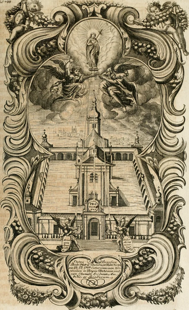 An illustration from Cistercium bis-tertium seu Historia elogialis, in qua sacerrimi ordinis cisterciensis anno Domini 1698 à sui origine sexies, seu bis-ter saecularis primordia, incrementa, praeclara gesta ... connexiones cum religiosis ordinibus, coenobiorum series per terras austriacas ., 1700, leaf 762