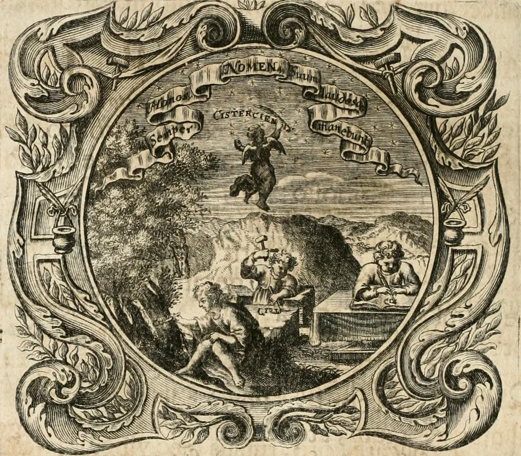 An illustration from Cistercium bis-tertium seu Historia elogialis, in qua sacerrimi ordinis cisterciensis anno Domini 1698 à sui origine sexies, seu bis-ter saecularis primordia, incrementa, praeclara gesta ... connexiones cum religiosis ordinibus, coenobiorum series per terras austriacas ., 1700, leaf 851