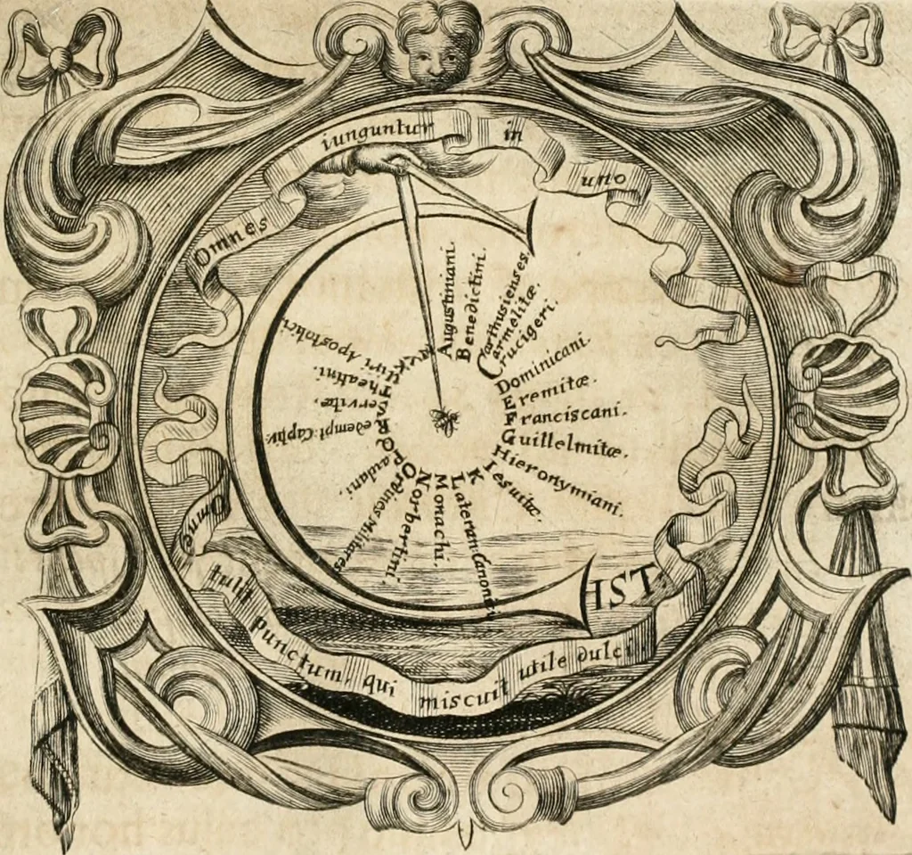An illustration from Cistercium bis-tertium seu Historia elogialis, in qua sacerrimi ordinis cisterciensis anno Domini 1698 à sui origine sexies, seu bis-ter saecularis primordia, incrementa, praeclara gesta ... connexiones cum religiosis ordinibus, coenobiorum series per terras austriacas ., 1700, leaf 878
